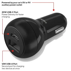 USB-A/USB-C Car Charger, 32W, Black (ST62340)<Staples TECH Hot
