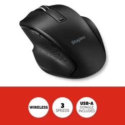 Clearance Staples TECH Wireless Ergonomic Curved Optical USB Mouse, Black (ST62599)