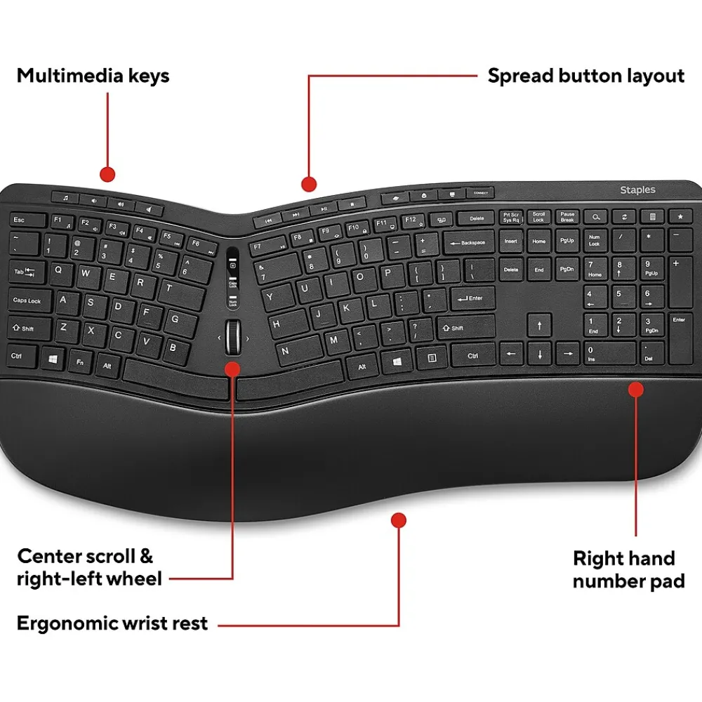 Clearance Staples TECH Wireless Ergonomic Keyboard, Black (ST62603)