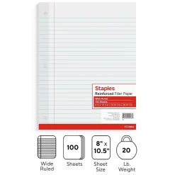 Filler Paper|Staples Wide Ruled Filler Paper, 8" x 10.5", White, 100 Sheets/Pack (TR23904)