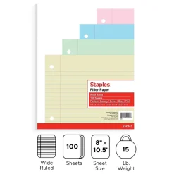 Filler Paper|Staples Wide Ruled Filler Paper, 8" x 10.5", Assorted Colors, 100 Sheets/Pack (TR41637)