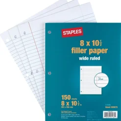 Filler Paper|Staples Wide Ruled Filler Paper, 8" x 10 1/2"
