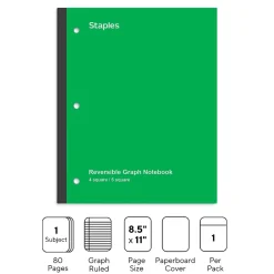 Subject Notebooks|Staples Wireless 1-Subject Notebook, 8.5" x 11", Graph Ruled, 80 Sheets, (ST58384C) Green