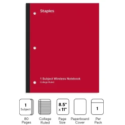 Subject Notebooks|Staples Wireless 1-Subject Notebook, 8.5" x 11", College Ruled, 80 Sheets, (ST58379) Red