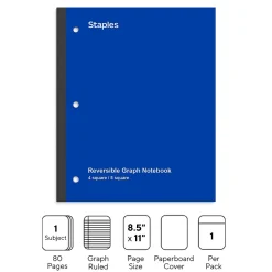 Subject Notebooks|Staples Wireless 1-Subject Notebook, 8.5" x 11", Graph Ruled, 80 Sheets, (ST58382) Blue