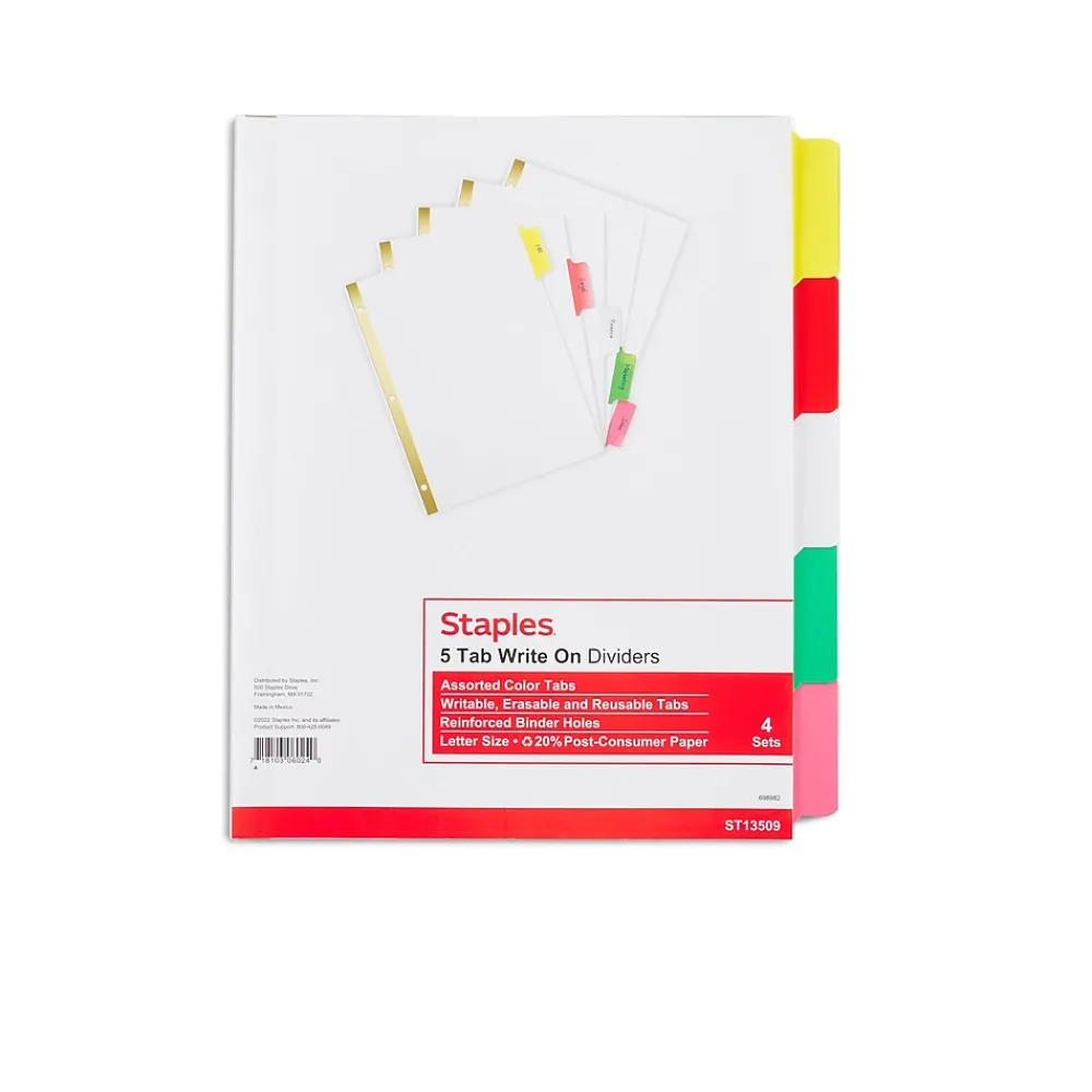 Dividers|Staples Write-On Dividers, 5-Tab, Assorted Colors, 4/Pack (13509/23176)