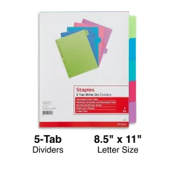 Dividers|Staples Write-On Dividers, 5-Tab, Assorted Colors (13512/23180)