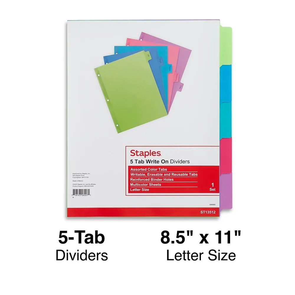 Dividers|Staples Write-On Dividers, 5-Tab, Assorted Colors (13512/23180)
