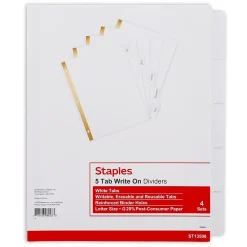 Dividers|Staples Write-On Write & Erase Paper Divider, 5 Tabs, White/White Tabs, 4 Sets (13508/23175)