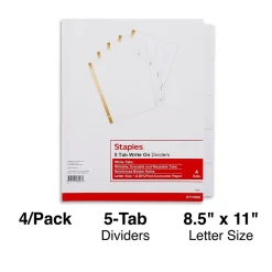 Dividers|Staples Write-On Write & Erase Paper Divider, 5 Tabs, White/White Tabs, 4 Sets (13508/23175)