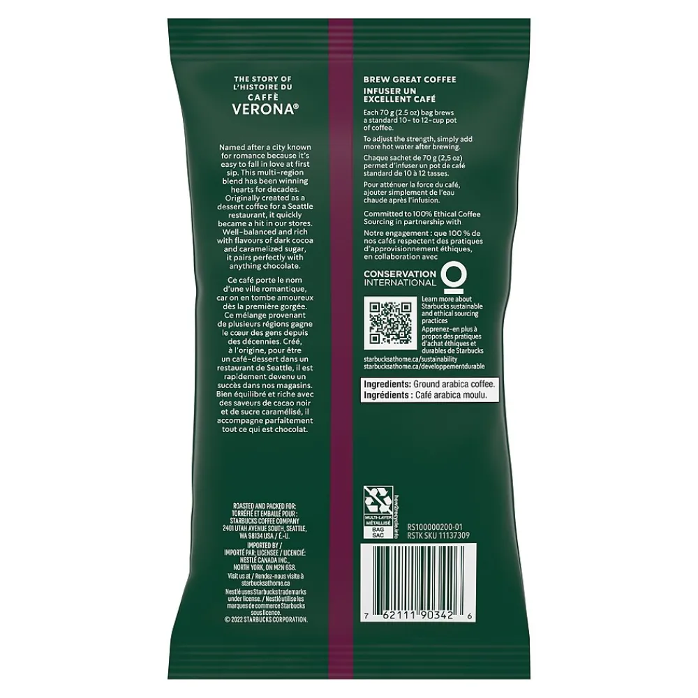 Starbucks Caffe Verona Ground Coffee, Dark Roast, 2.5 oz., 18/Box (11018192)