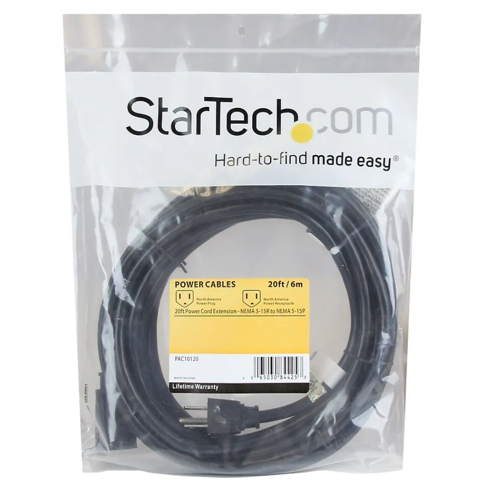 StarTech 20' Extension Cord, 16 AWG, Black (PAC10120)