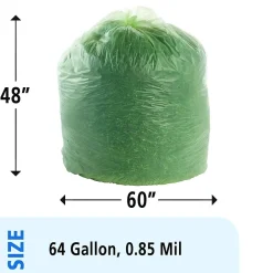 EcoSafe-6400 64 Gallon Compostable Industrial Trash Bag, 48" x 60", Low Density, 0.85 mil, Green, 30 Bags/Box<Stout Outlet