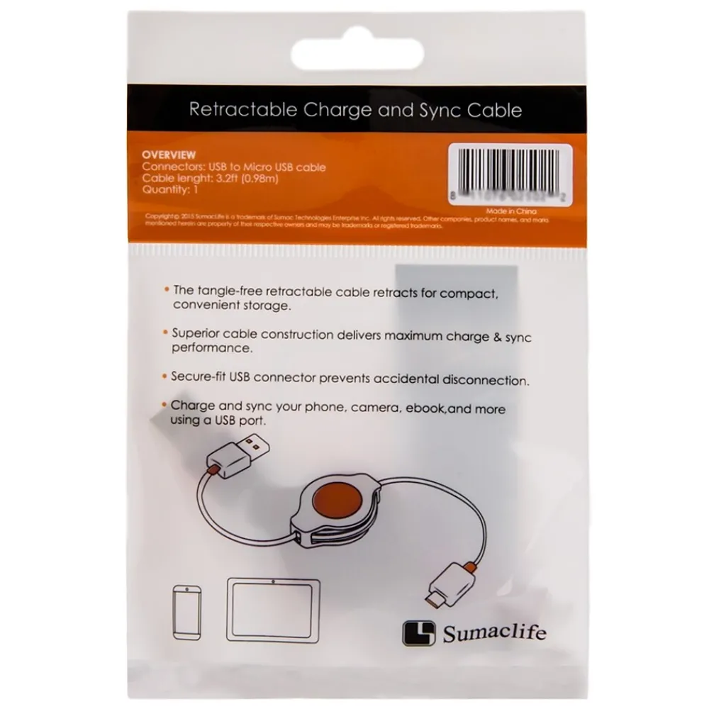 SumacLife White Retractable USB Micro USB Sync and Charge Cable