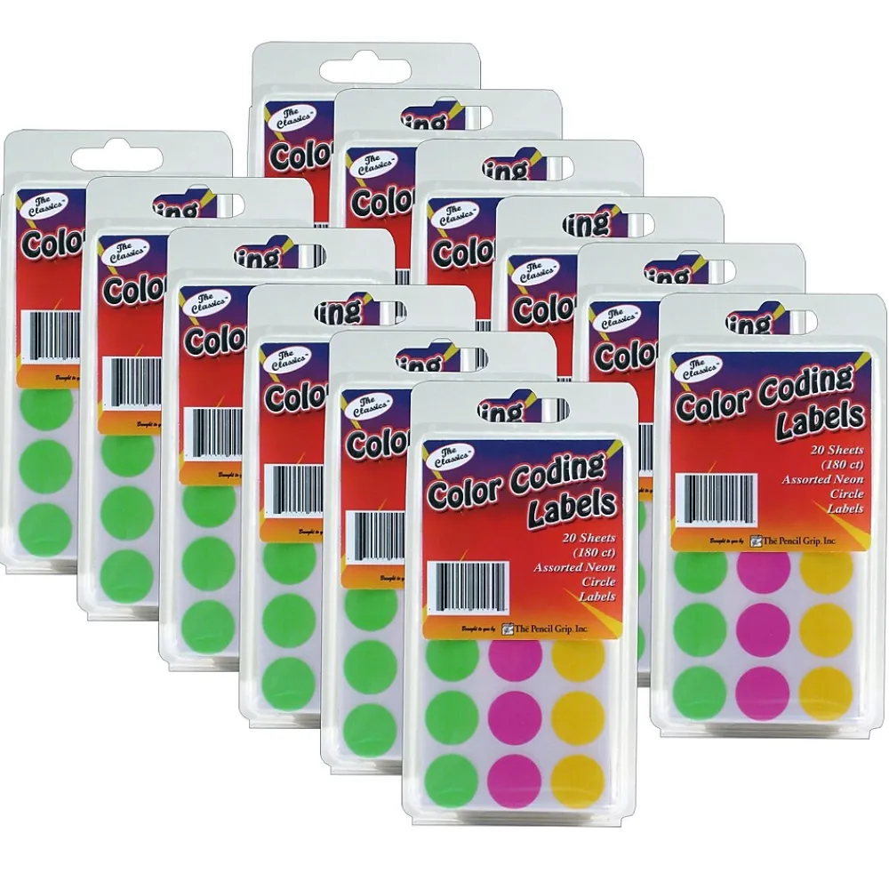Labels|The Pencil Grip ™ Color Coding Circle Labels, Neon, 180 Per Pack, 12 Packs (TPG460-12)