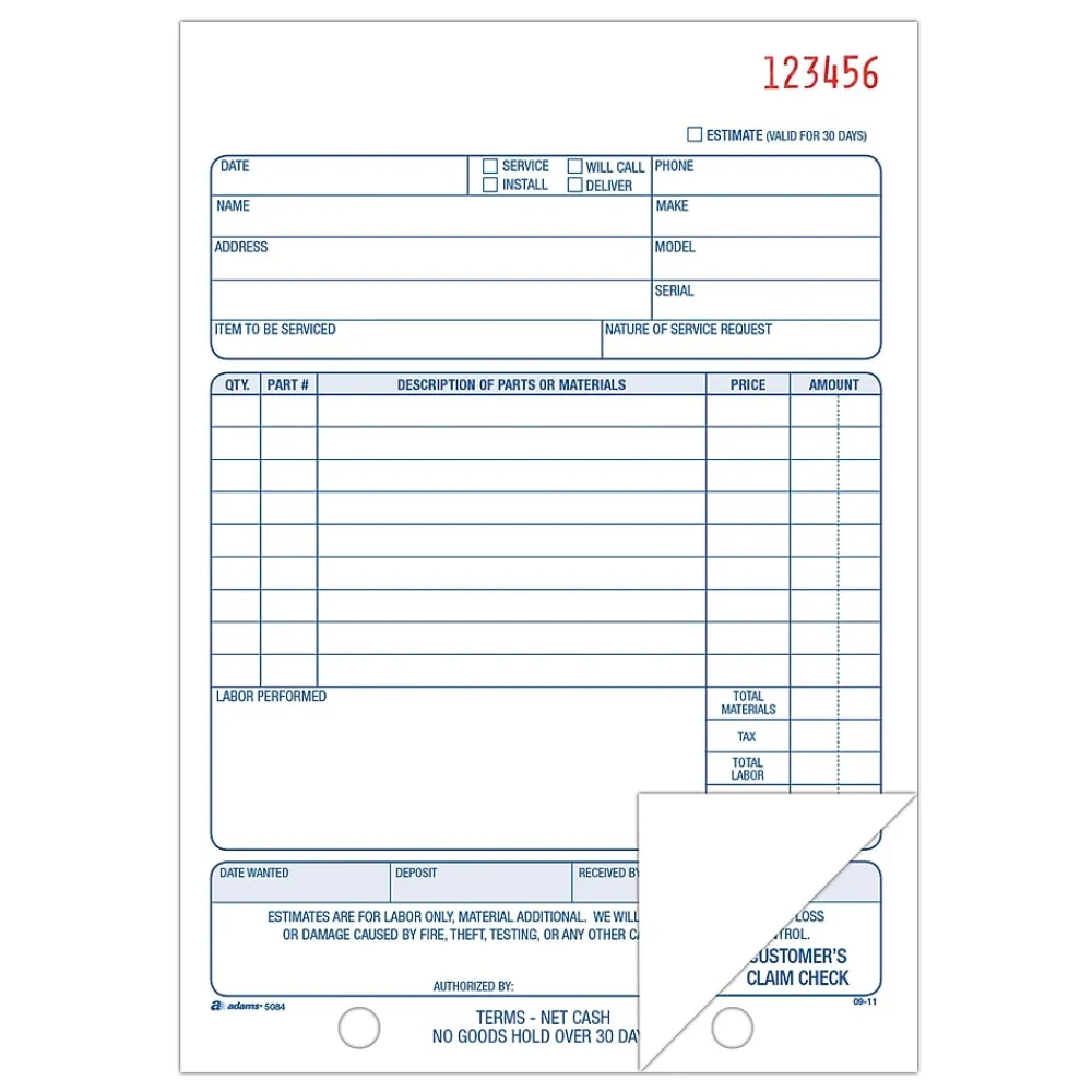 Business Forms*TOPS ™ Repair Order Book, 2-Part, 50 Sheets/Book (D5084)
