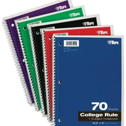 Subject Notebooks|TOPS 1-Subject Notebook, 8" x 10.5", College Ruled, 70 Sheets, Assorted Colors (TOP 65021)