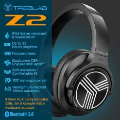 Clearance Treblab Z2-B Over Ear Workout Headphones with Microphone