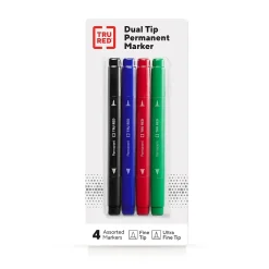 Markers|TRU RED ™ Pen Permanent Markers, Twin Tip, Assorted, 4/Pack (TR57828) Assorted Colors