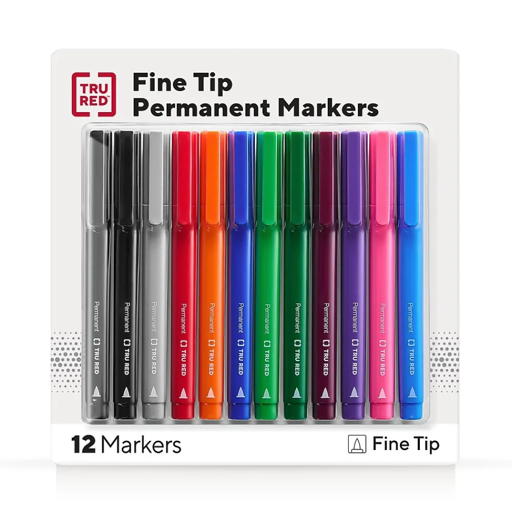 Markers|TRU RED ™ Permanent Marker, Fine Tip, Assorted, 12/Pack (TR54530)