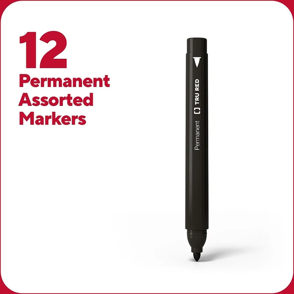Markers|TRU RED ™ Permanent Marker, Fine Tip, Assorted, 12/Pack (TR54530)