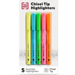 Highlighters|TRU RED ™ Pocket Stick Highlighter with Grip, Chisel Tip, Assorted, 5/Pack (TR54584)