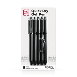 Pens|TRU RED ™ Retractable Quick Dry Gel Pen, Extra Fine Point, 0.38mm, Black, 5/Pack (TR56951)