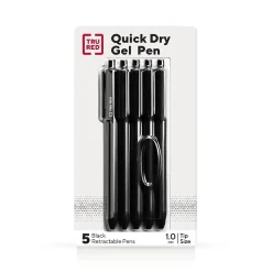 Pens|TRU RED ™ Retractable Quick Dry Gel Pen, Medium Point, 1.0mm, Black, 5/Pack (TR56952)