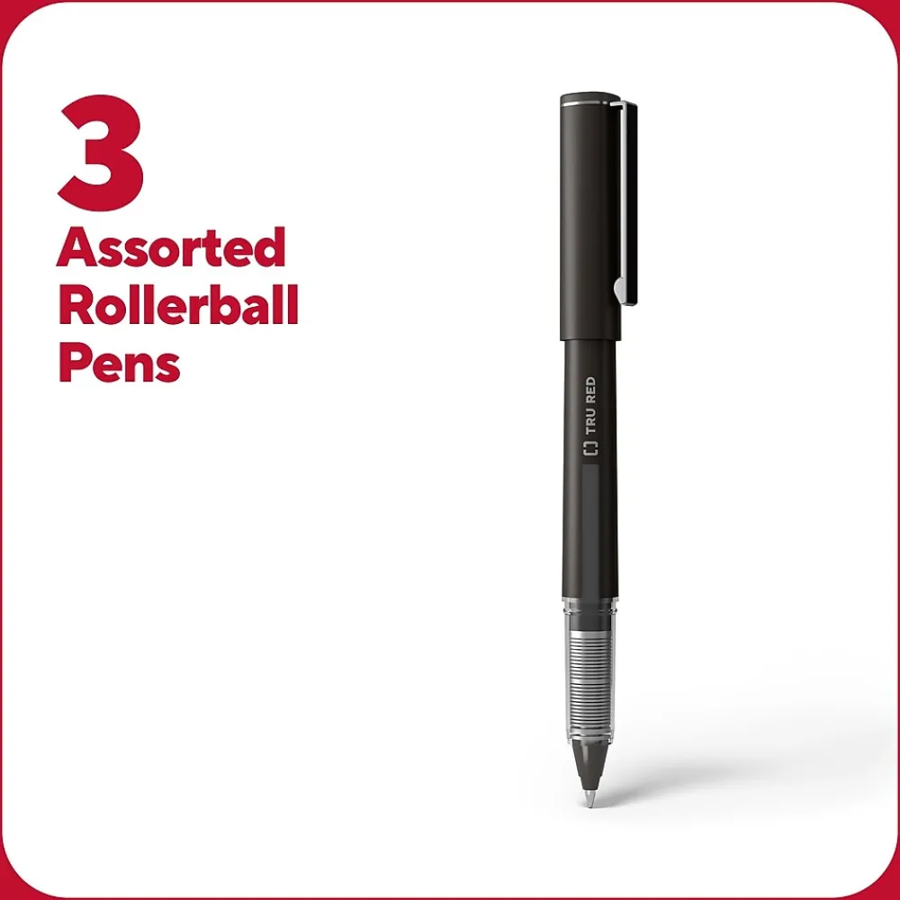 Pens|TRU RED ™ Rollerball Pens, Fine Point, Assorted Colors, 3/Pack (TR58251)
