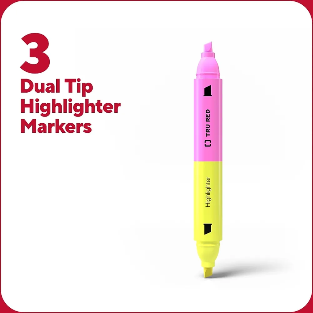 Highlighters|TRU RED ™ Twin Tip Highlighters, Chisel Tip, Assorted Colors, 3/Pack (TR57834)
