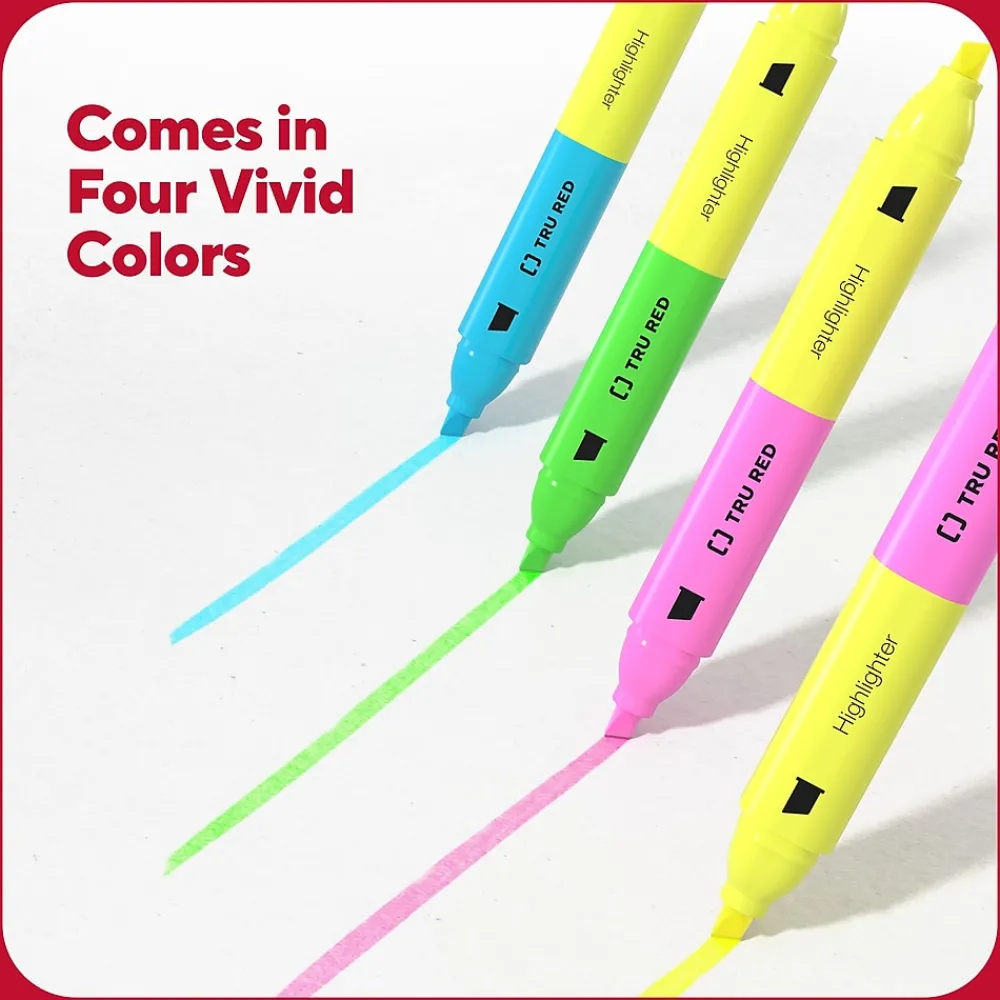 Highlighters|TRU RED ™ Twin Tip Highlighters, Chisel Tip, Assorted Colors, 3/Pack (TR57834)