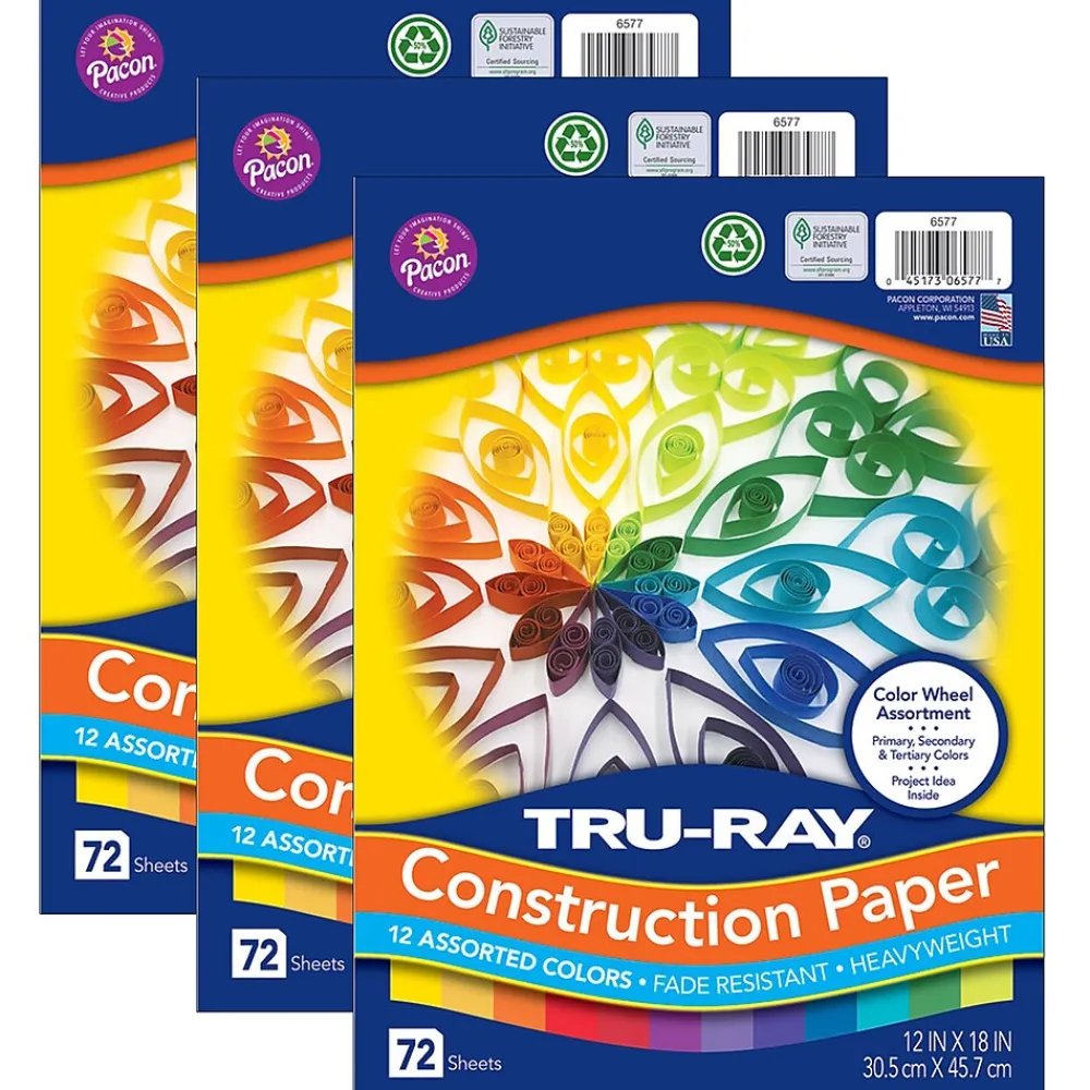 Construction Paper*Tru-Ray Color Wheel Assortment 12" x 18" Construction Paper, Assorted, 72 Sheets/Pack, 3 Packs/Bundle (PAC6577-3)