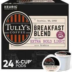 Tully's Breakfast Blend Coffee, Light Roast, 0.40 oz. Keurig® K-Cup® Pods, 24/Box (192719)