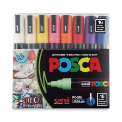 Markers|uni-ball Uni POSCA Permanent Specialty Marker, Medium Bullet Tip, Assorted Colors, 16/Pack (PC5M16C)