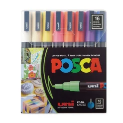 Markers|uni-ball Uni POSCA Permanent Specialty Marker, Fine Bullet Tip, Assorted Colors, 16/Pack (PC3M16C)
