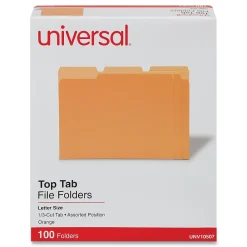 File Folders|Universal Colored File Folders, 1/3 Cut One-Ply Tab, Letter, Orange, 100/Box