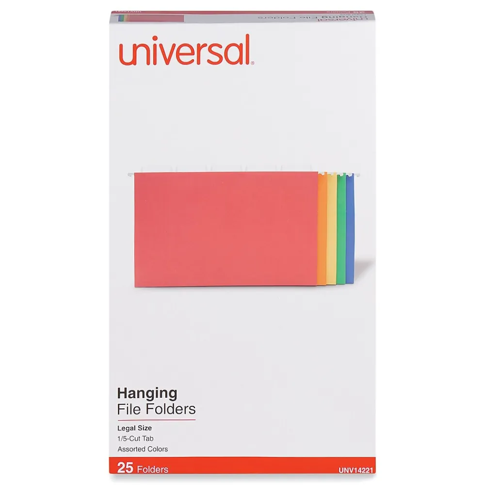 Hanging File Folders|Universal Recycled Hanging File Folders, Legal Size, Assorted Colors, 25/Box (UNV14221)