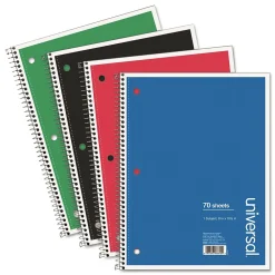 Subject Notebooks|Universal 1-Subject Notebooks, 8" x 10.5", College Ruled, 70 Sheets, Assorted Colors, 4/Pack (UNV66614)