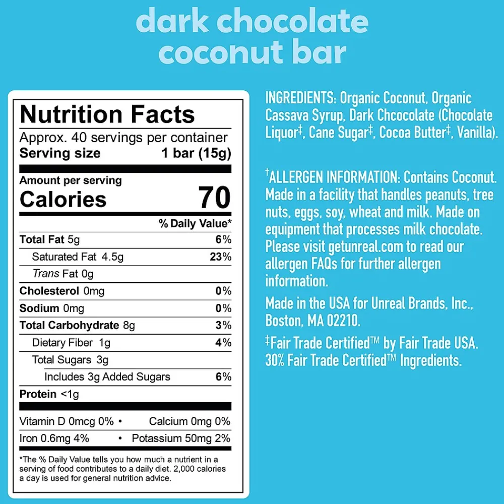 UNREAL Gluten Free Dark Chocolate Coconut Nut Bar, .53 oz., 40 Bars/Box (220-02087)
