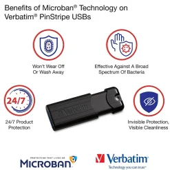 Online Verbatim PinStripe 32GB USB 3.2 Type A Flash Drive, Black (49317)