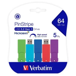 Best Verbatim PinStripe 64GB USB 3.2 Type-A Flash Drive, Assorted Colors, 5/Pack (70389)