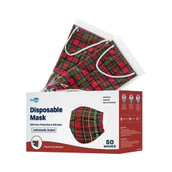 WeCare Individually Wrapped Disposable Face Mask, Adult, Red Plaid, 50/Box (WMN100050)