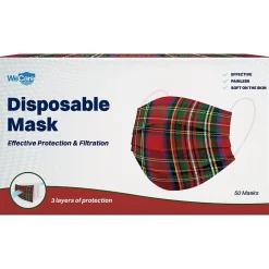 WeCare Individually Wrapped Disposable Face Mask, Adult, Red Plaid, 50/Box (WMN100050)