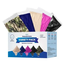 WeCare 3-ply Disposable Face Masks, Individually Wrapped, Adult, Assorted Colors, 50/Box (WMN100026)