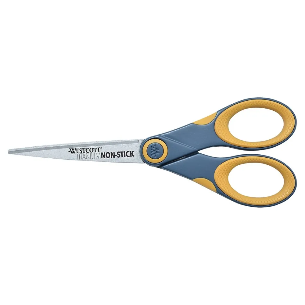 Scissors|Westcott Titanium Bonded 7" Non-Stick Titanium Multi-Purpose/Heavy Duty Scissor, Pointed Tip, Gray/Yellow (14851)