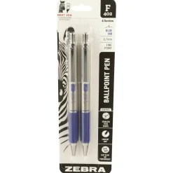 Pens|Zebra F-402 Retractable Ballpoint Pen, Fine Point, 0.7mm, Blue Ink, 2 Pack (29222)