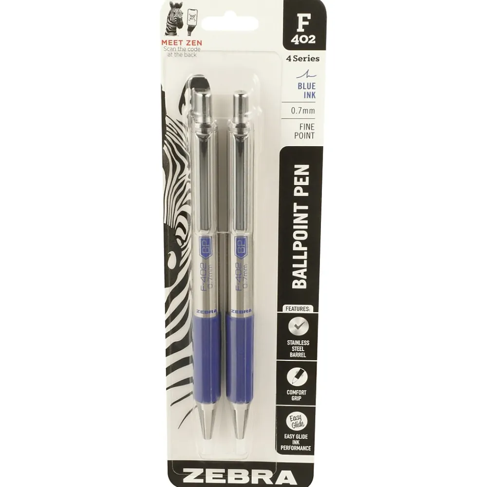 Pens|Zebra F-402 Retractable Ballpoint Pen, Fine Point, 0.7mm, Blue Ink, 2 Pack (29222)