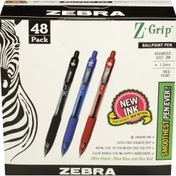 Pens|Zebra Z-Grip Retractable Ballpoint Pen, Medium Point, 1.0mm, Assorted Ink, 48 Pack (22048)