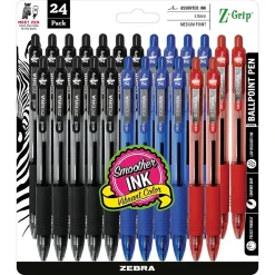 Pens|Zebra Z-Grip Retractable Ballpoint Pen, Medium Point, 1.0mm, Assorted Ink, 24 Pack (12224)